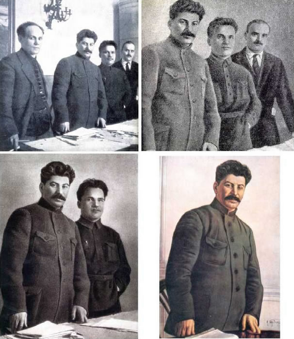 Stalin era retouched photos.  When people were killed or "disappeared," Stalin just order the pictures revised