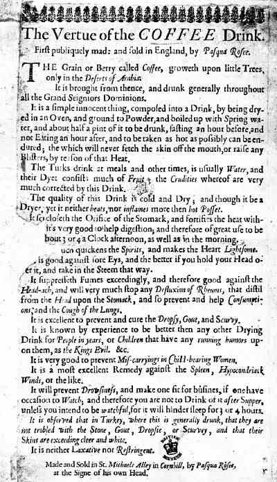 A 1652 handbill advertising coffee for sale in St. Michael's Alley, London