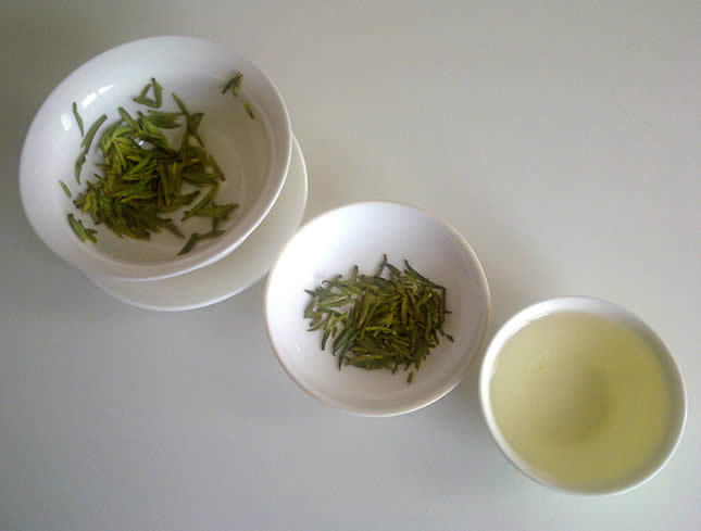Green tea in three different stages (from left to right) - the infused leaves, the dry leaves, and the liquid